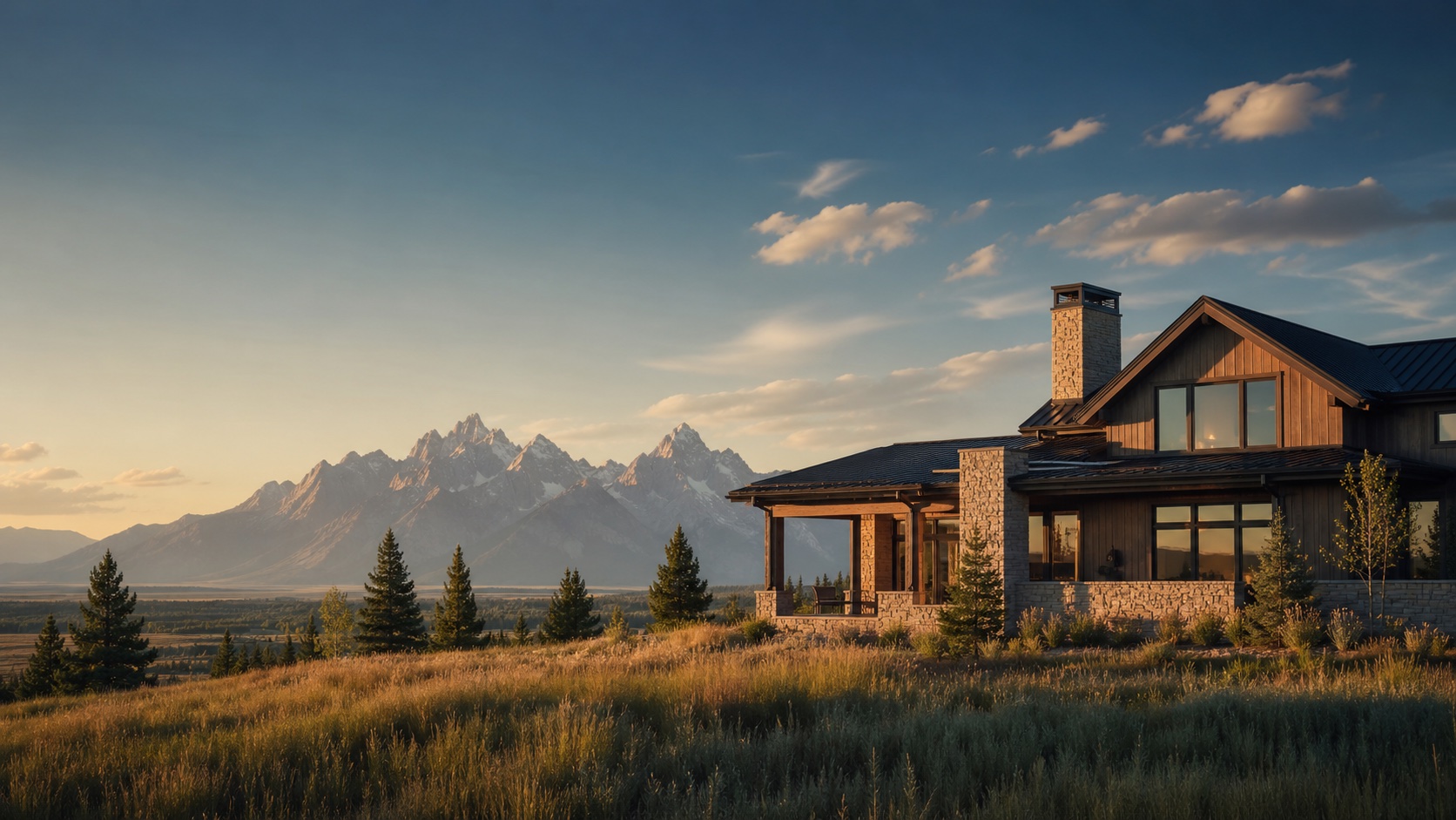 A contemporary East Idaho home overlooking a meadow and mountain range at golden hour